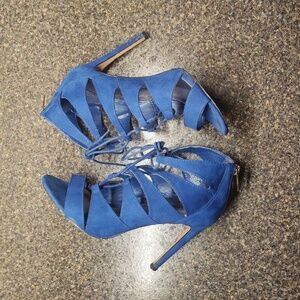 Madden Girl Raceyyy Royal Blue Strappy  Lace Front Zip Back High Heel Sandals